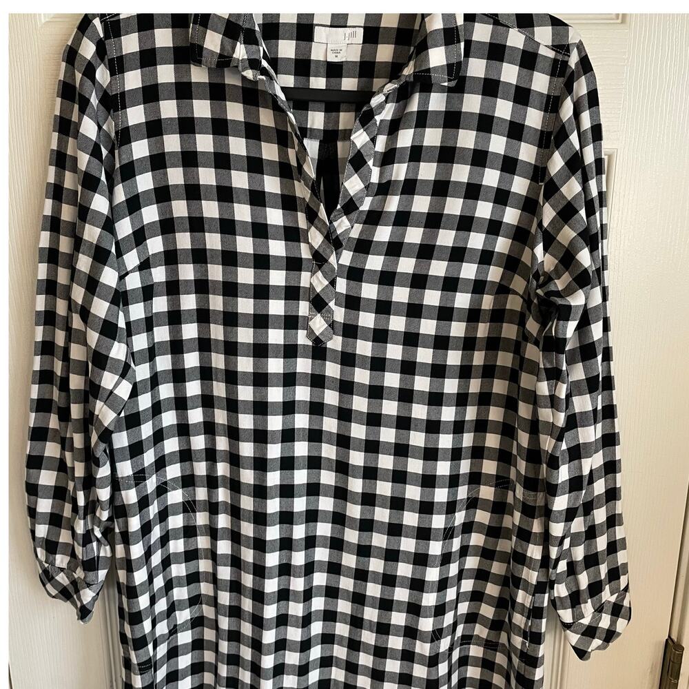 J. Jill Gingham Plaid Tunic Dress Pockets Sz M Black White Cottagecore Preppy - Picture 6 of 11